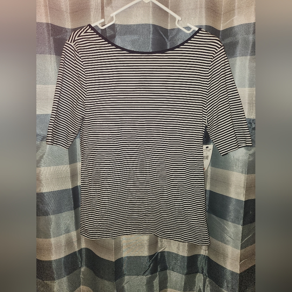 NWT Large American Living Top, Navy Blue & White Stripes, Criss Cross Open Back